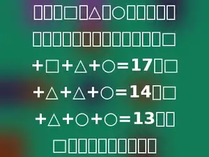 图中的□、△、○各代表一个数字，且满足以下三个等式：□+□+△+○=17；□+△+△+○=14；□+△+○+○=13；则□代表的数字是多少．